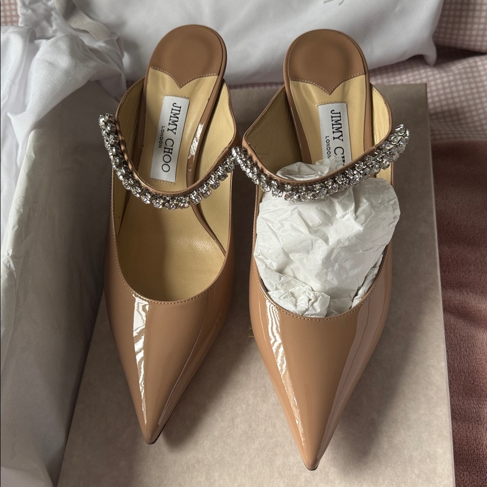 Jimmy Choo Beige Patent Leather Mules with Crystal Detail